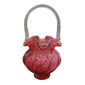Vintage Fenton Cranberry Glass Basket With Clear Applied Handle